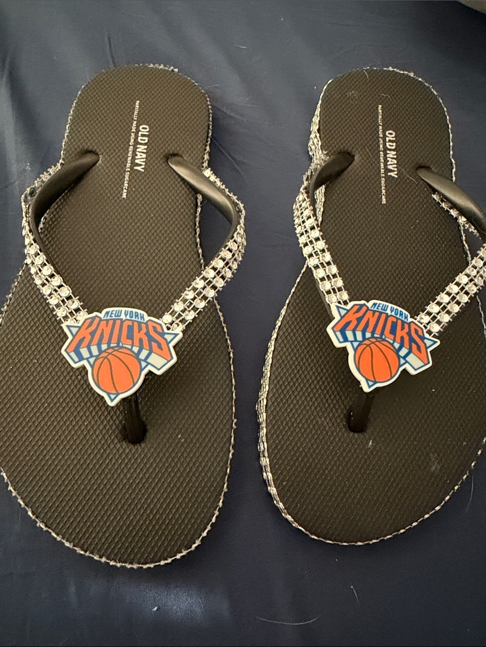 Black Flip Flops with Knicks Logo and Rhinestone Straps